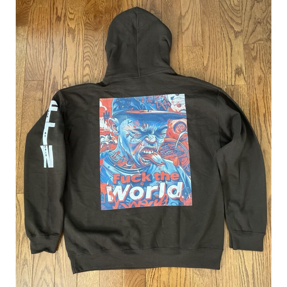 FTW Gildan Heavy Blend Men Brown Pullover Hoodie L Graphic Streetwear Sweatshirt